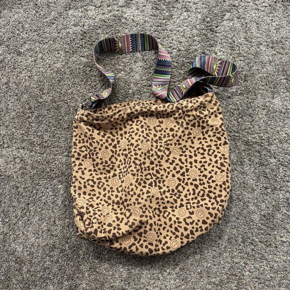 Leopard Print Ribbed Boho Purse Bag w/ Multicolor Straps & Smiley Faces - Picture 1 of 13